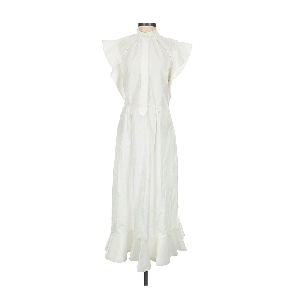 ROCHAS Sleeveless, tie neck, ruffle accents, white, midi-dress